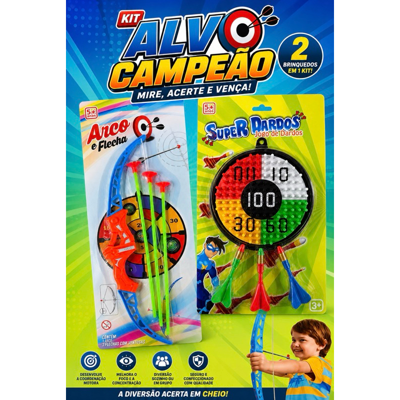 Kit Alvo Campeão Arco e Flecha + Jogo de Dardos Infantil 2 em 1 para Meninos e Meninas