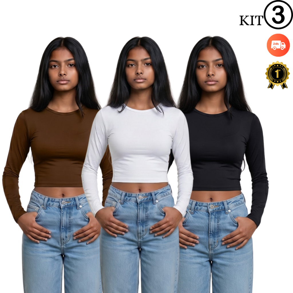 KIT 3 Blusa Manga Longa Feminina Gola Careca Premium Segunda Pele Elegante Inverno Noite Basica