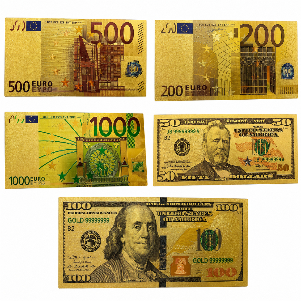 NOTA CEDULAS DOURADAS EURO / DOLAR PARA COLECIONADORES PRESENTEAR DECORAÇÃO