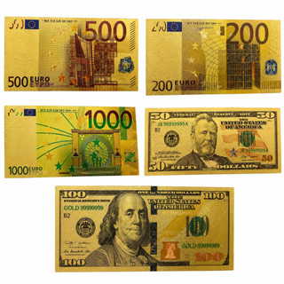NOTA CEDULAS DOURADAS EURO / DOLAR PARA COLECIONADORES PRESENTEAR DECORAÇÃO