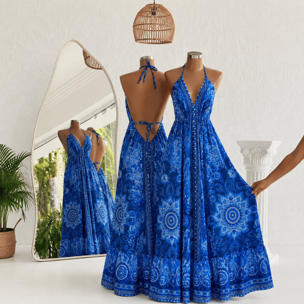 Vestido Indiano Longo Femenino Costas Nua Frente Única Com Amarração no Pescoso MODA VERÃ0 Saída de Praia  Varias Cores
