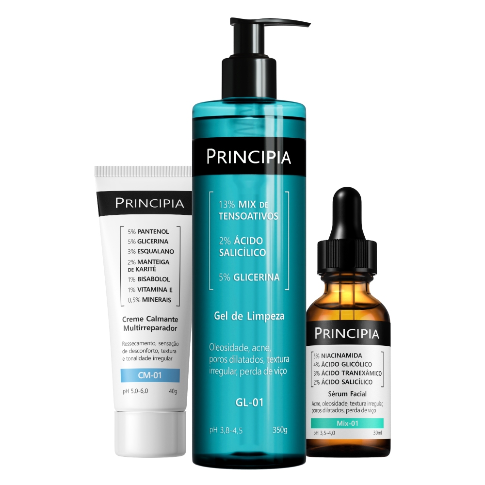 Principia Kit Anti-Acne + Hidratante c/ Gel de Limpeza GL-01+ Creme Calmante CM-01 + Sérum MIX-01