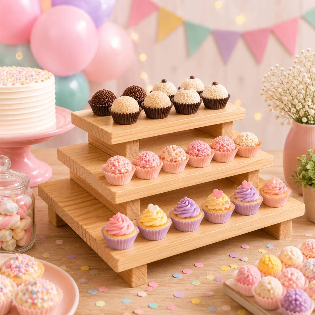 Escadinha de Doces Trio Bandejas Festa Frios 3 Andares Decoração Buffet Madeira Natural 3 de Altura