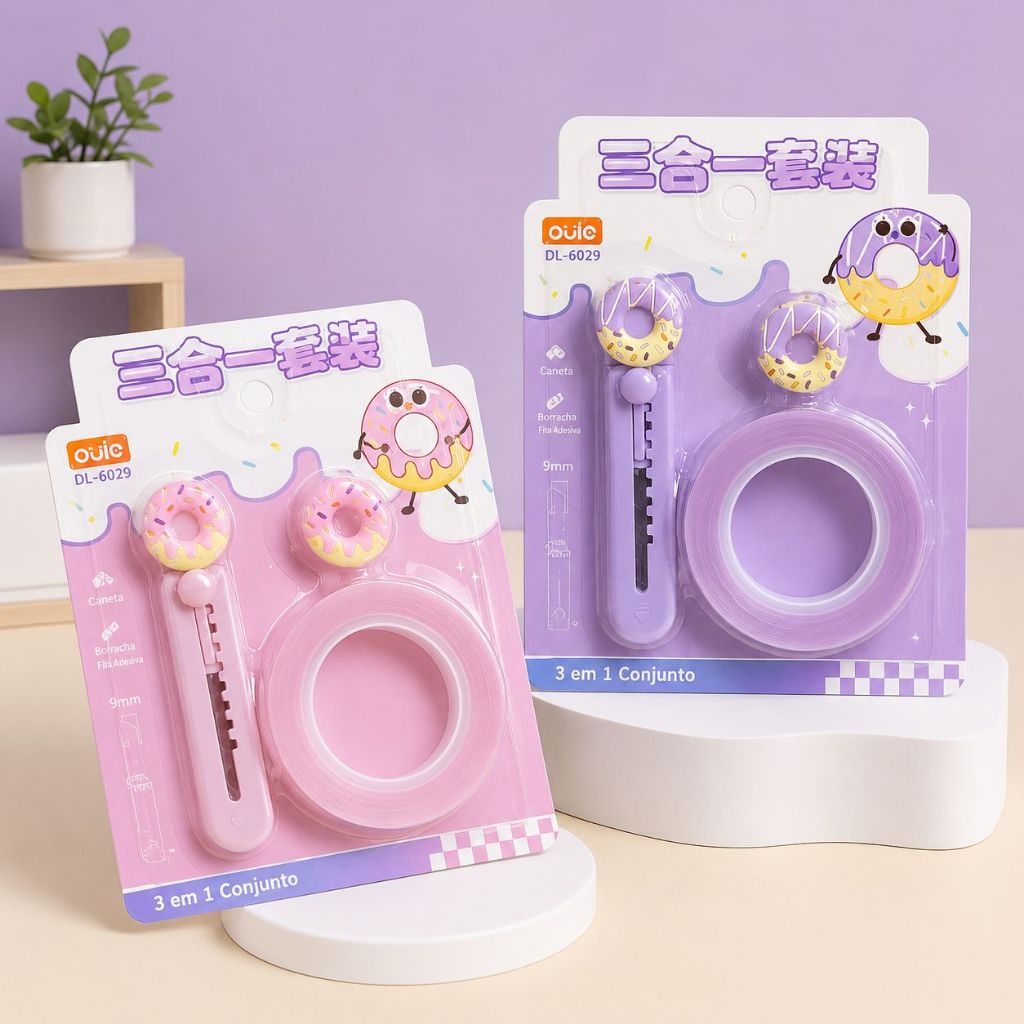 Kit Multifuncional 3 em 1 com Estilete, Fita Adesiva e Suporte Compacto