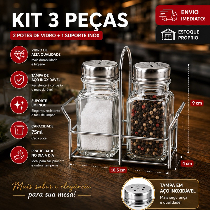 Kit 3 Peças Galheteiro Saleiro Paliteiro Vidro Stylish -  Ideal para Sal,  Pimenta e Outros Temperos