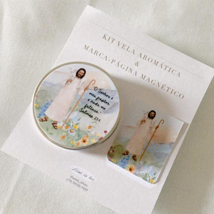 Kit Vela Aromática e Marca-Página Magnético Cristão