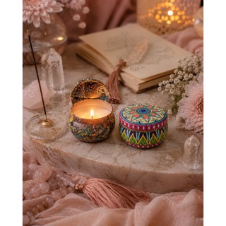 Kit  2 Velas Aromáticas Decorativa em Lata Mandala 75g | Aromaterapia, Meditação e Presente Criativo