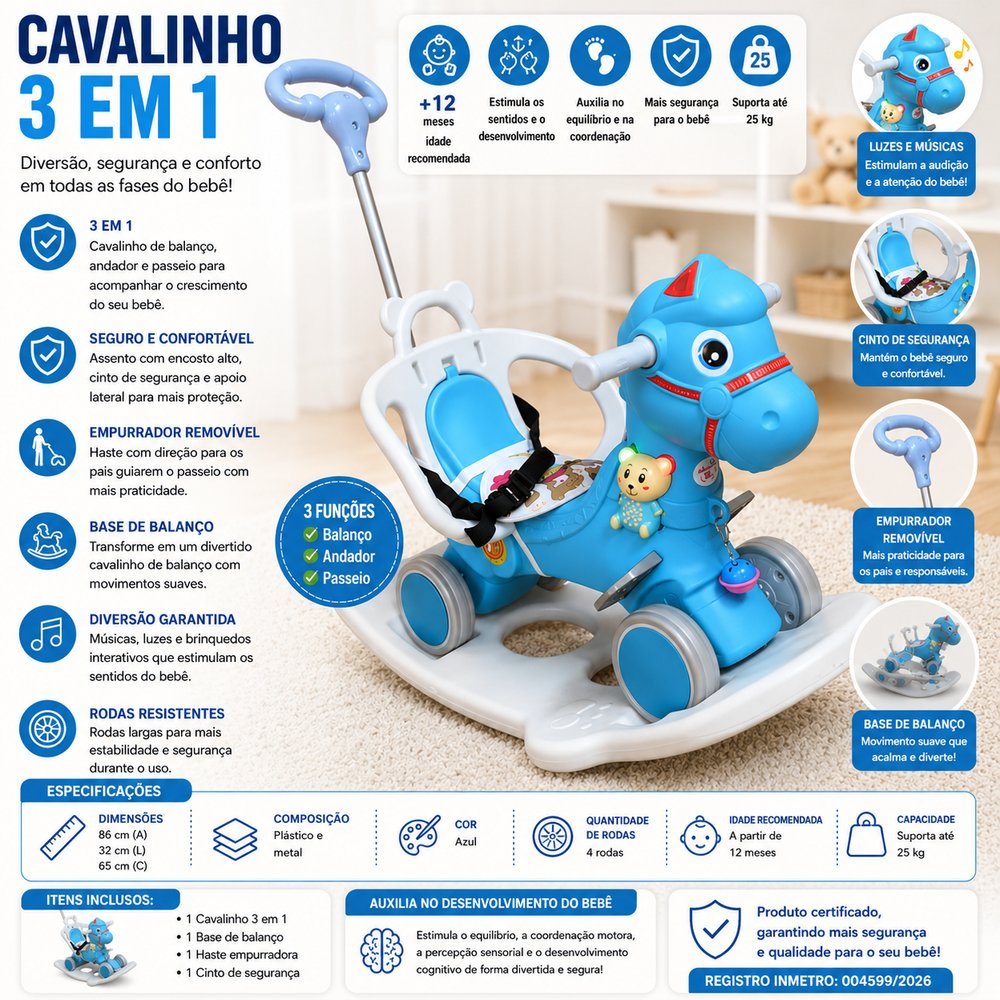 Cavalinho Infantil 3 em 1 com Empurrador Balanço Luz e Sons - Azul - brinquedo criança bebe presente