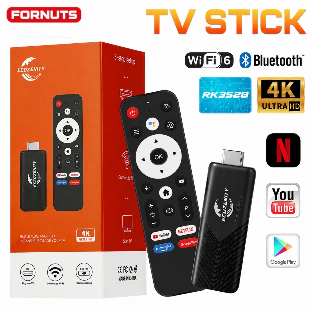 FORNUTS TV Stick Smart TV Android 4K Wi-Fi 6 16GB HDMI Streaming com Controle Remoto Bluetooth