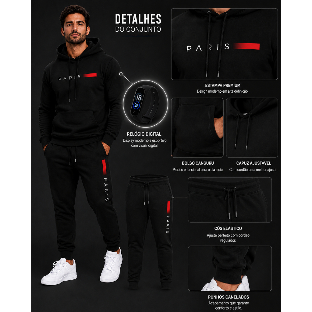 Conjunto Moletom Paris Masculino Casual Quente Confortável para Inverno com Relógio Digital