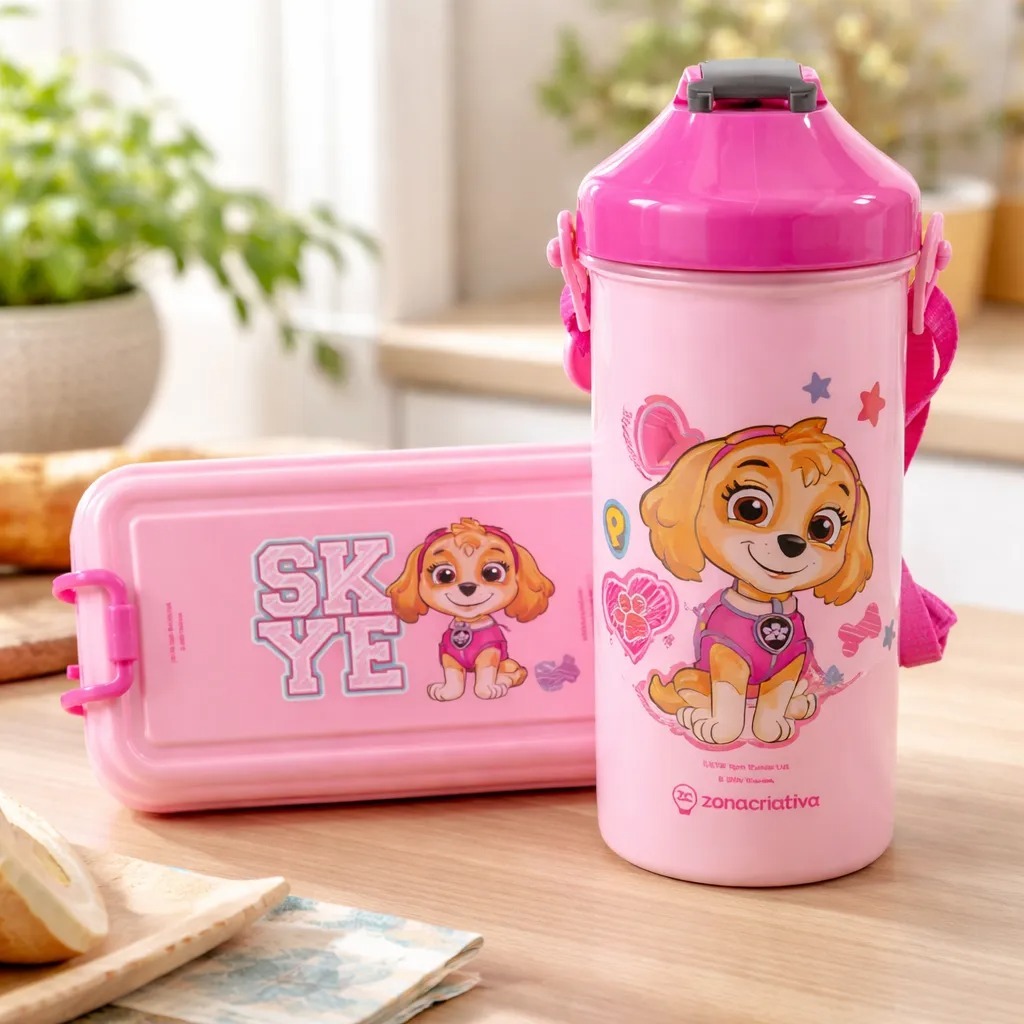 Lancheira Escolar Skye Patrulha Canina Pote Talher Garrafa Infantil Menina Rosa Kit Lunch Escola Organização Alimentação