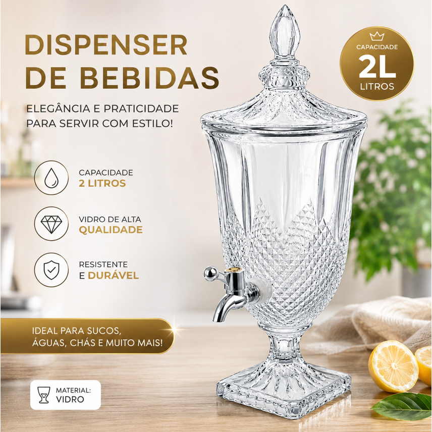 Suqueira De Vidro 2 Litros Com Torneira Transparente Dispenser Para Sucos Água Drinks Festas Eventos