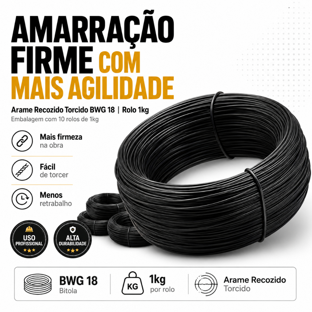 Kit 10kg Amarração Firme e Prática Arame Recozido Torcido BWG 18 10 Rolos de 1kg