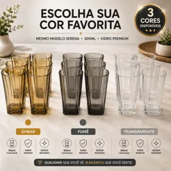 Copos Vidro Quadrado 300ml Miami Bali Kit 6, 12 ou 18 unidades Ambar Fume Transparente Drink
