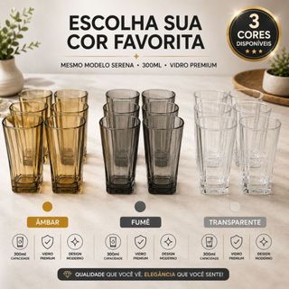 Copos Vidro Quadrado 300ml Miami Bali Kit 6, 12 ou 18 unidades Ambar Fume Transparente Dr…