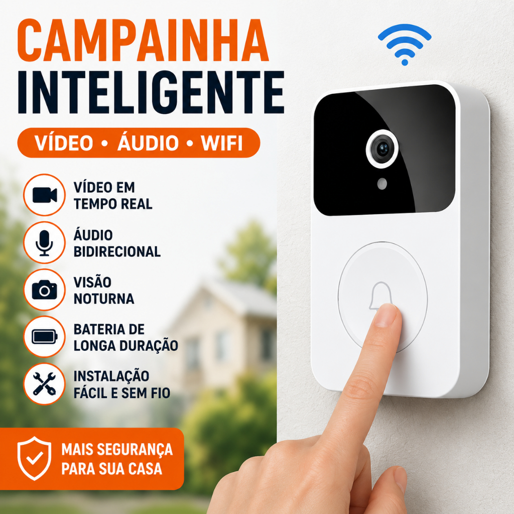 Campainha Inteligente WiFi Sem Fio com Câmera Vídeo Chamada Remota Áudio Bidirecional Visão Noturna