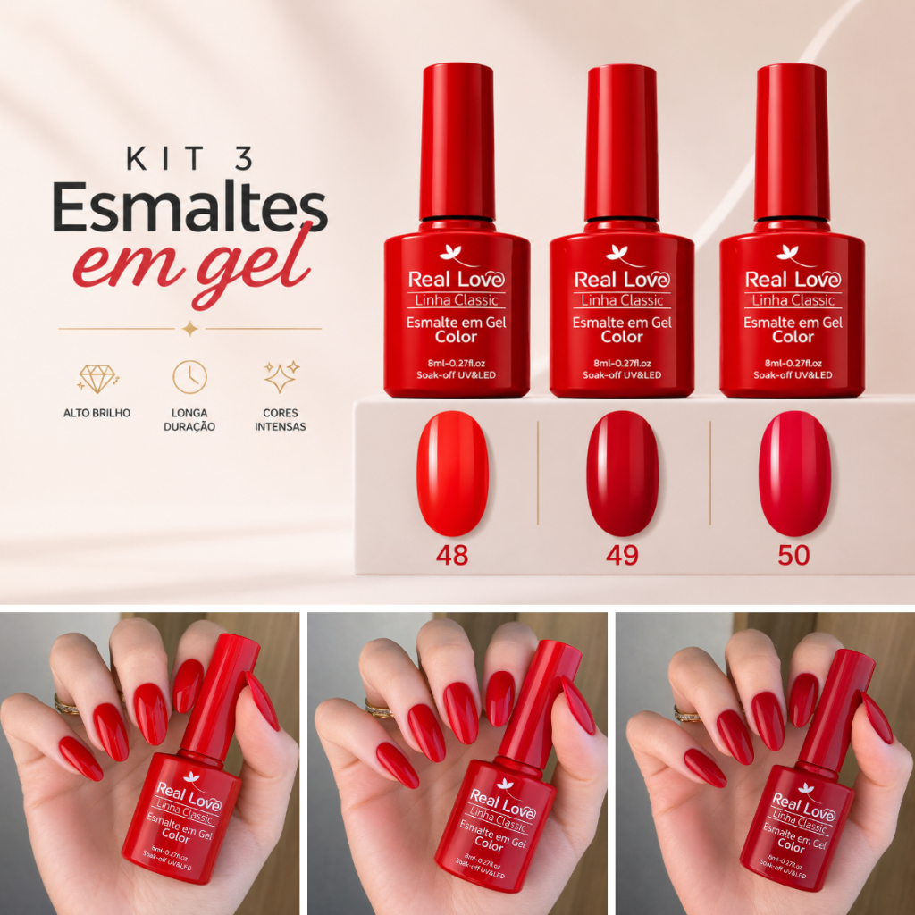Kit 3 Esmaltes Em Gel Vermelhos Premium Real Love 8ml UV LED Shellac Color Polish Unha Porcelana