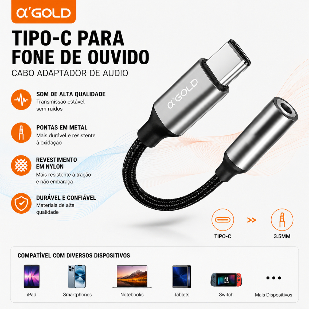 Adaptador USB-C para Fone de Ouvido P2 3.5mm com DAC Áudio HD – Compatível com Android Tipo C