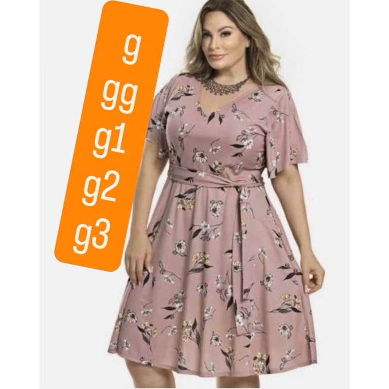 Vestido rodado Plus Size manga fler  com a faixa Estampado Suplex Digital  Veste g44,46,48,50