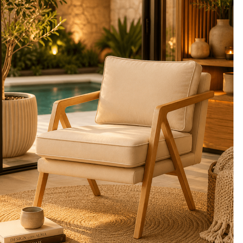 Poltrona Decorativa Mona Para Sala de Estar Luxo em Madeira Maciça Sala Moderna Tecido Linho