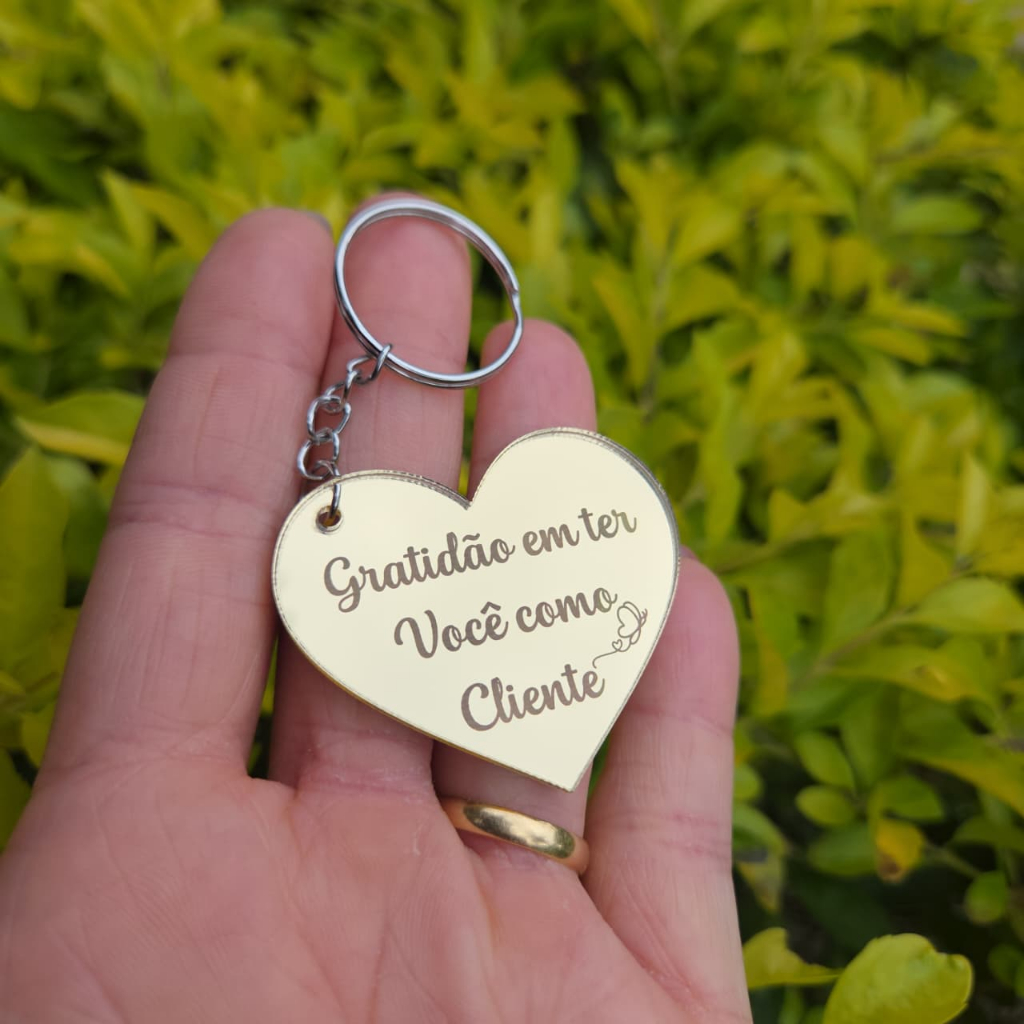 Aplique em Acrílico Espelhado para Chaveiro em Acrílico escrita Gratidão em ter você como cliente, não acompanha argola