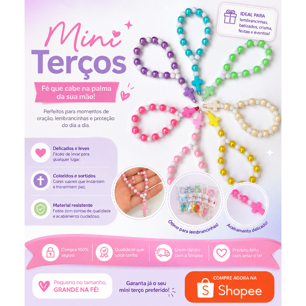Mini Terço Colorido – Lembrancinha Religiosa batizado primeira comunhão - terço católico - infantil