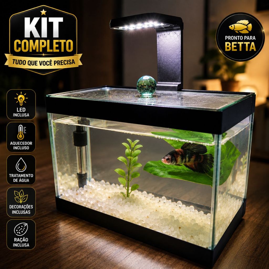 Aquário Completo Beteira - Aquário + Luminária + Decorações + Aquecedor + Ração e Anticloro Betta