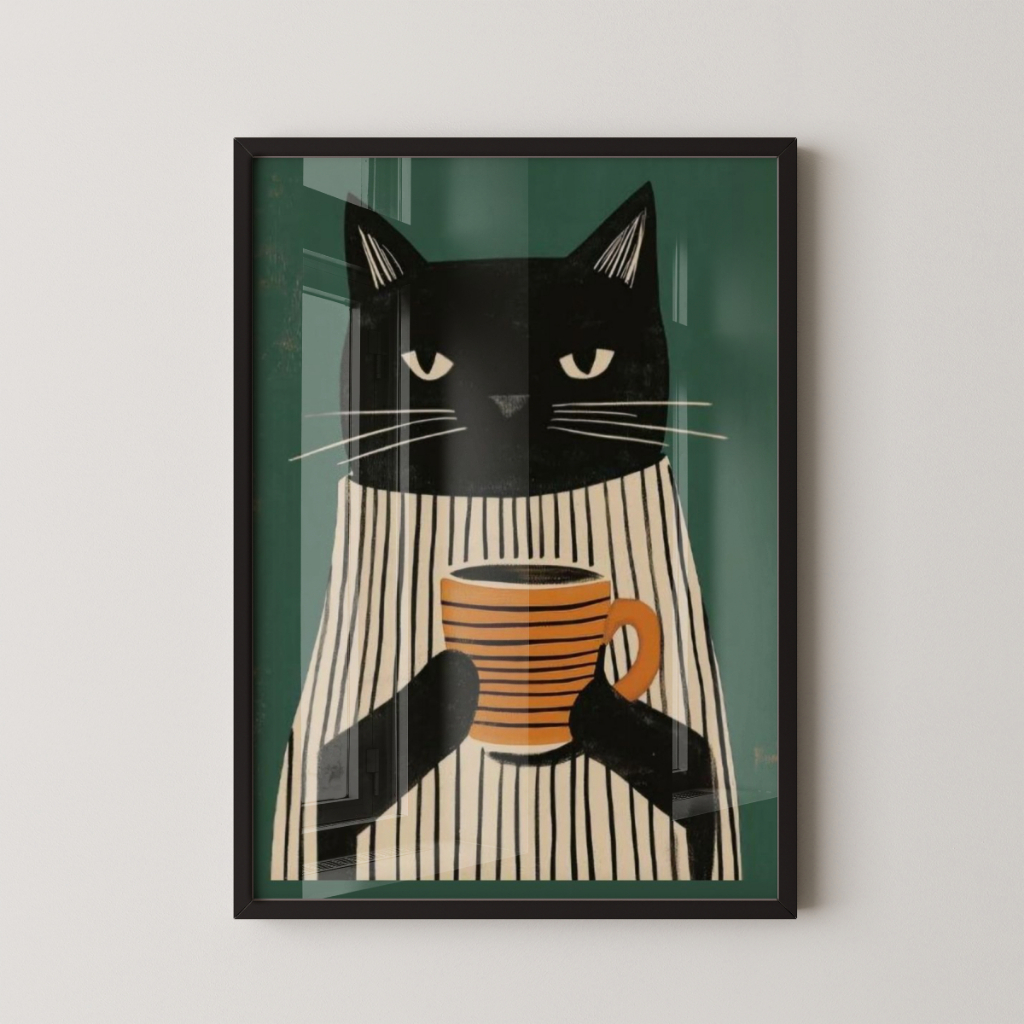 Quadro Decorativo Animais Gato Xicára Café Com Moldura
