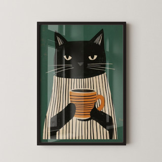 Quadro Decorativo Animais Gato Xicára Café Com Moldura