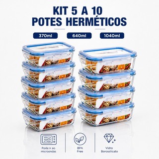 Kit 5 e 10 Potes De Vidro Hermetico Marmita Fit Mantimento Tampa 4 Travas, Microondas