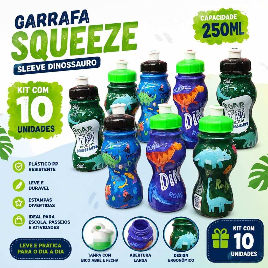 Kit 10 Garrafinhas Squeeze Infantil Dinossauro 250ml Plástico Escola Lembrancinha Festa