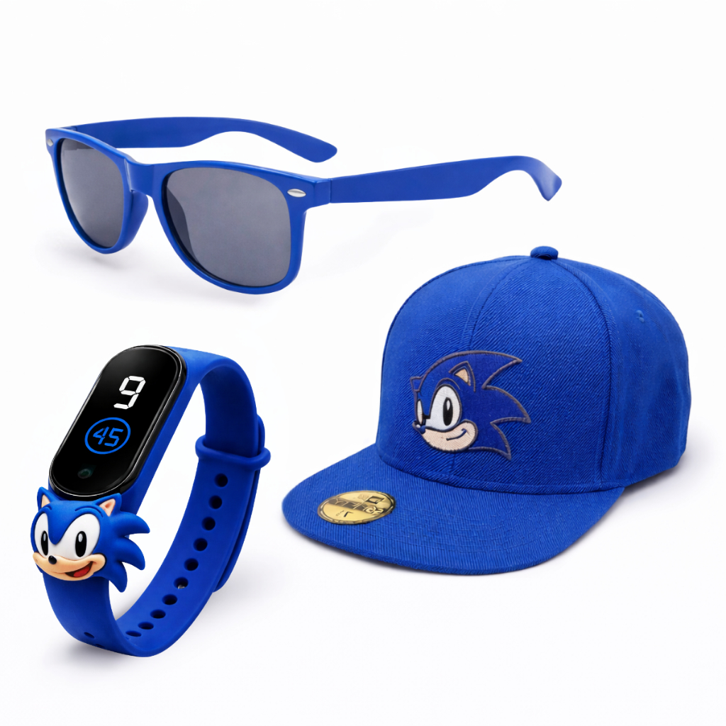 Kit Boné Infantil Óculos e Relógio de Led Digital Personagem Sonic Criança 04 a 12 Anos Barato
