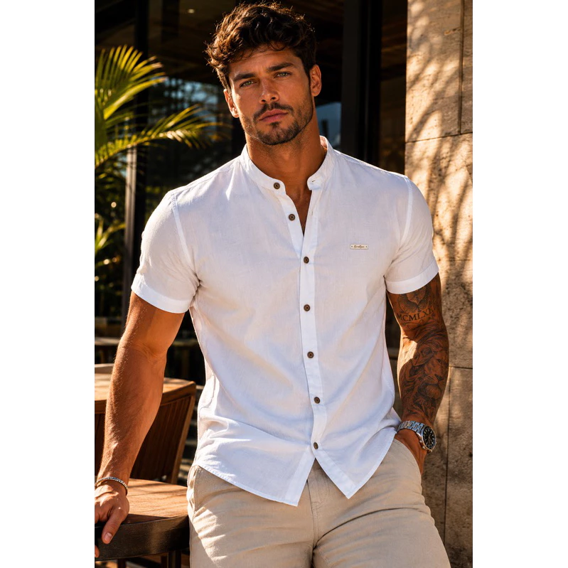 Camisa Masculina Adulto Gola De Padre Manga Curta Confortável Fresca Algodão e Linho Casual Verão Sair Festas Casamento