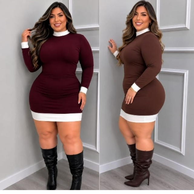Vestido Feminino Bicolor Manga longa Gola Alta Plus Size Anarruga