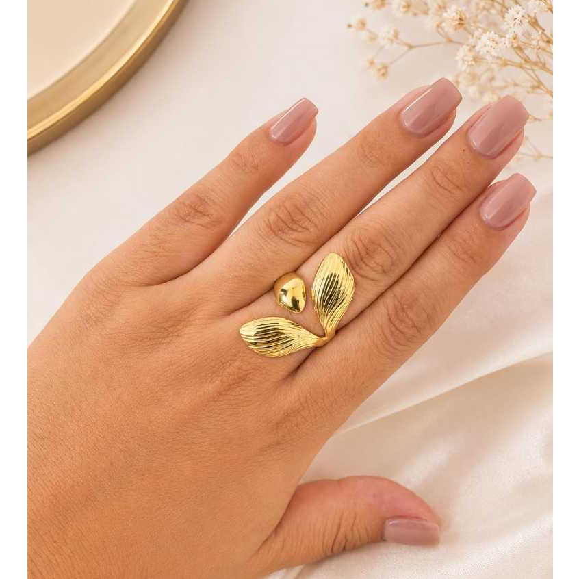 Anel Folha Ajustável Feminino Dourado Aço Inoxidável 316L Luxo Minimalista Antialérgico Não Escurece Resistente à Mancha