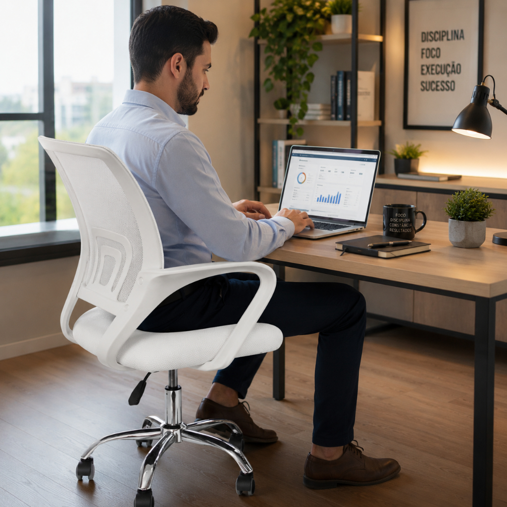 Cadeira de Escritório Modelo VIG Branca Giratória Diretor Mocho Branco Base Cromada Ergonômica Confortável