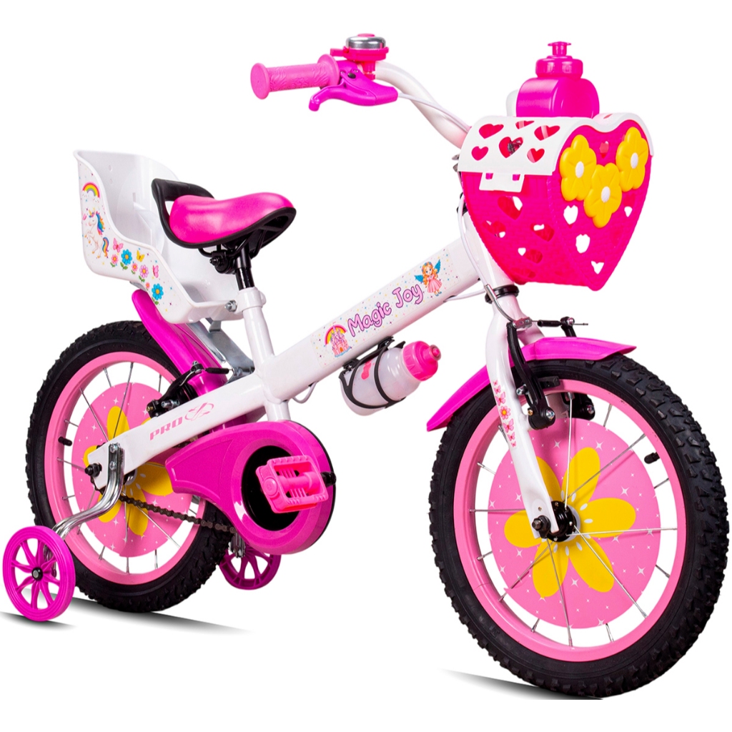 Bicicleta Infantil Aro 16 Menina 4, 5 Anos Magic Joy Cestinho e Cadeirinha de Boneca Coração Rodinha