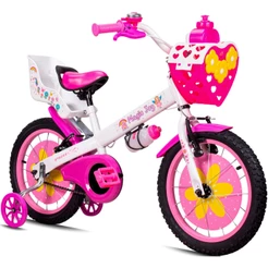 Bicicleta Infantil Aro 16 Menina 4, 5 Anos Magic Joy Cestinho e Cadeirinha de Boneca Coração Rodinha