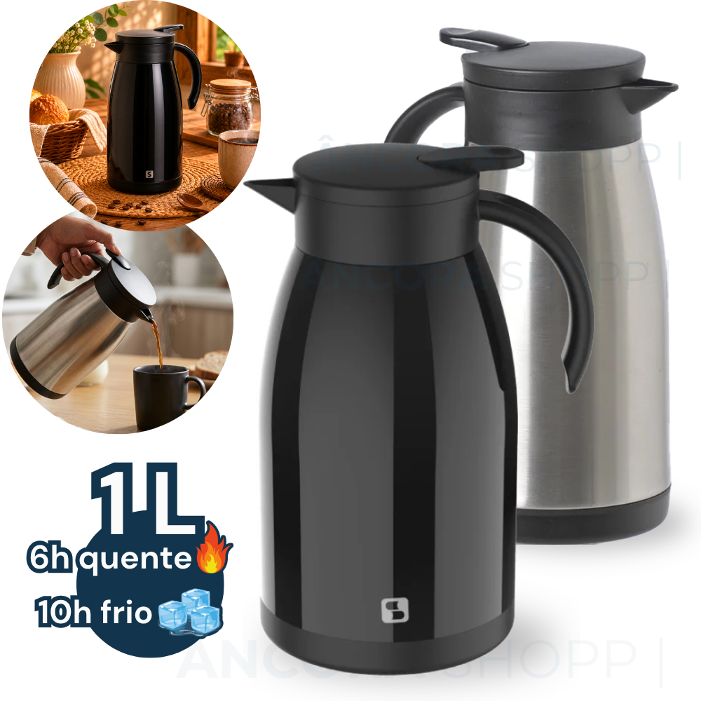 Garrafa Bule Térmico Para Café Chá 1 Litro Aço Inox Preta Quente Fria Soprano Elegance