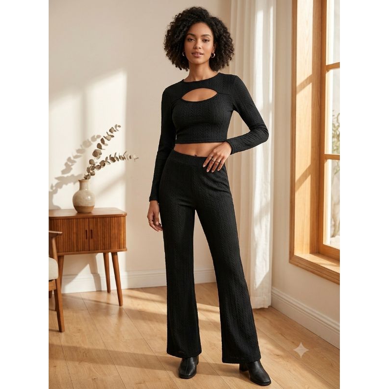Conjunto Feminino Calça Flare E Cropped Manga Longa Tricot Canelado Com Bojo Premium P M G GG