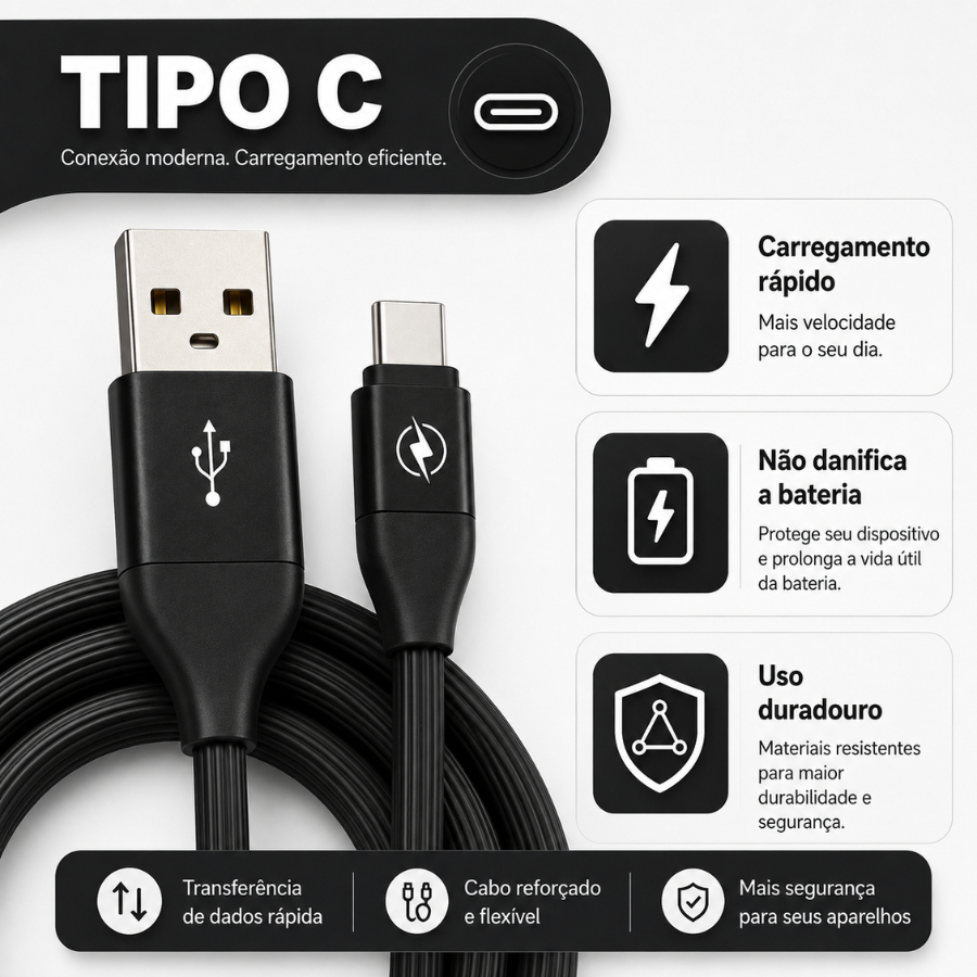 Cabo Carregador USB TIPO-C 2 Metros PRETO Emborrachado Resistente Flexível Celular Tablet Notebook