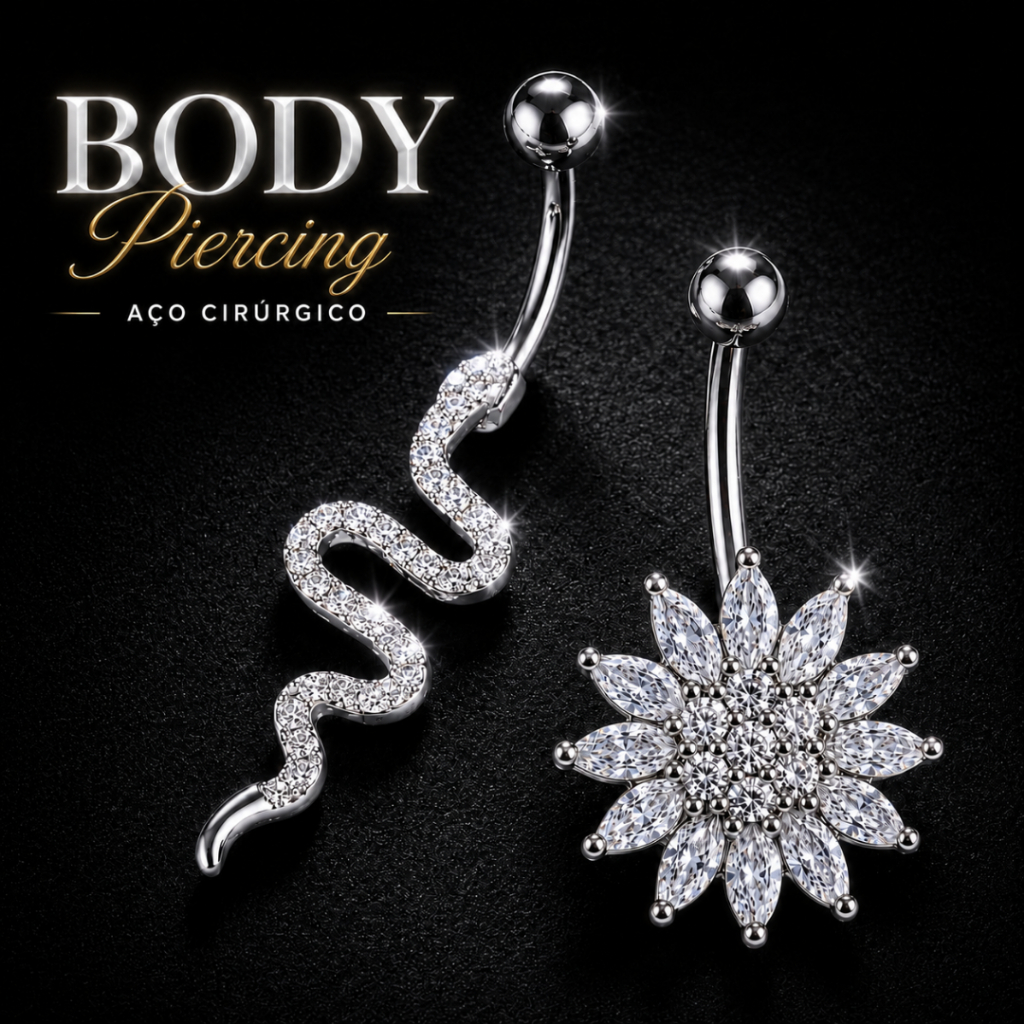 BODY PIERCING de Aço Cirúrgico Cravejado de Zircônias Brilhante - Piercings de Umbigo