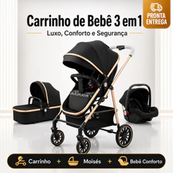 Carrinho De Bebê 3 Em 1 Premium Luxo Moisés + Bebê Conforto Completo Reclinável Rodas Com Amortecedor Kit Enxoval Segura