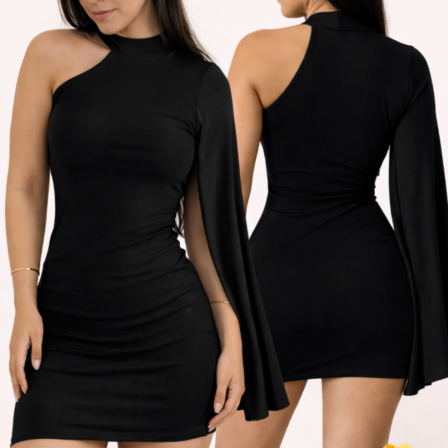 Vestido Feminino Curto- Suplex Premium, Manga Longa Aberta, Recorte Ombro Vestido Forrado Na Frente