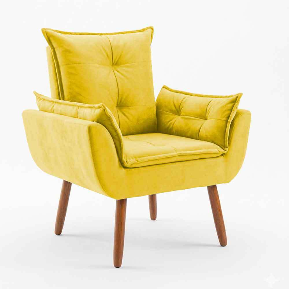 Kit 2 Poltronas Suede Amarelo Pés Palito Castanho, Poltrona Decorativa Para Sala Recepção Escritório — imagem 2 de 2