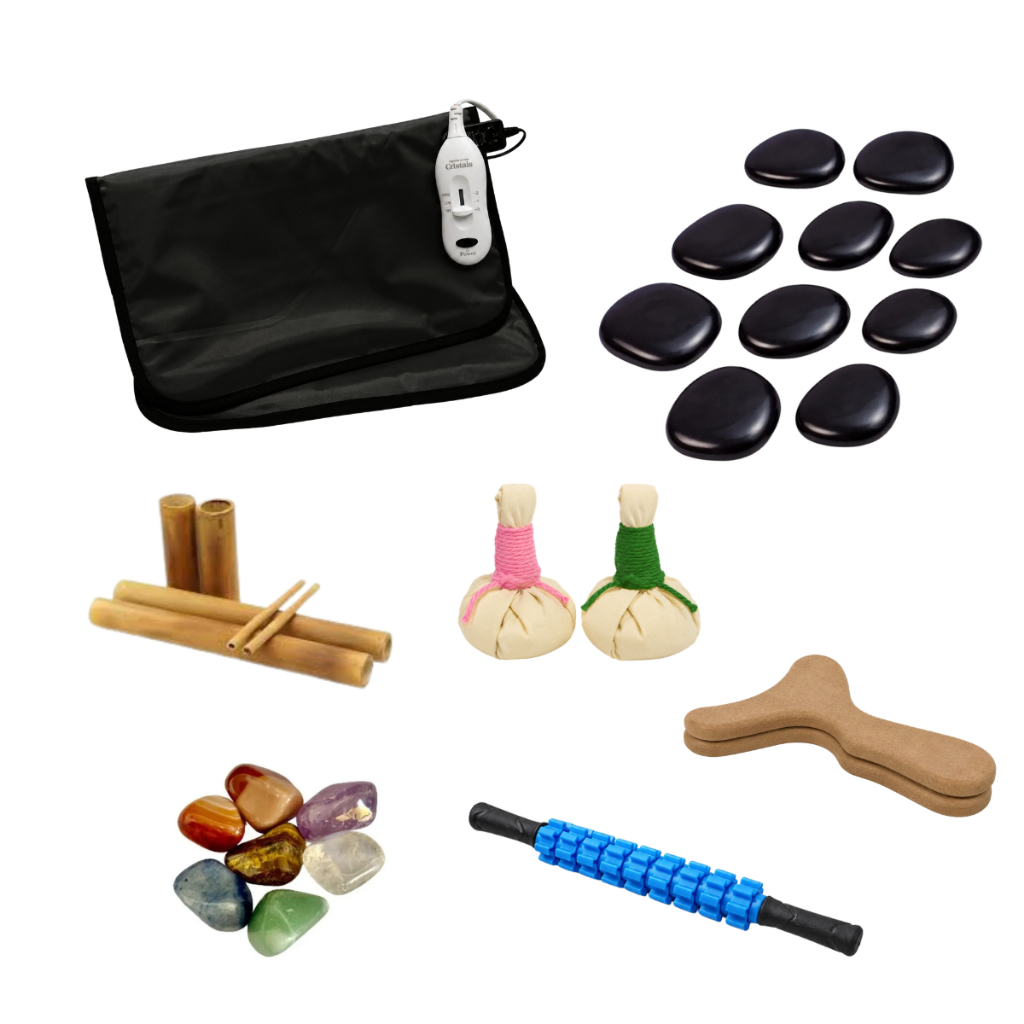 Kit completo de massagem Pedras Quentes + Bambu + Pantala + Pindas + Rolo Massagem + Manta termica com controle de t