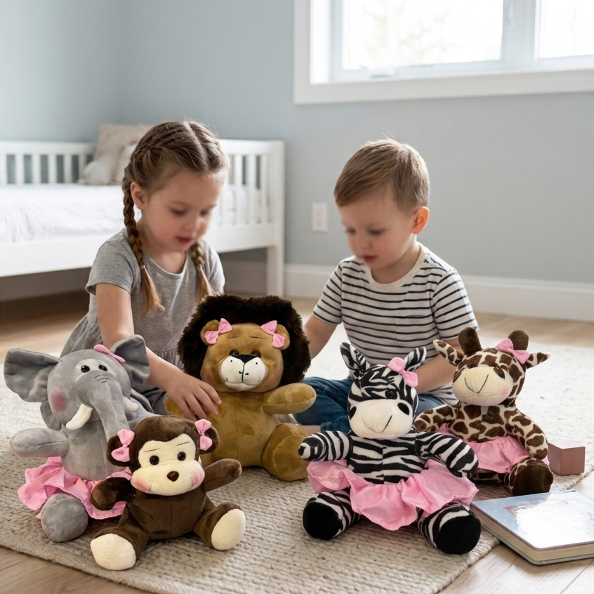Kit Safari Menina 05 Bichos de Pelúcia Rosa com Saias