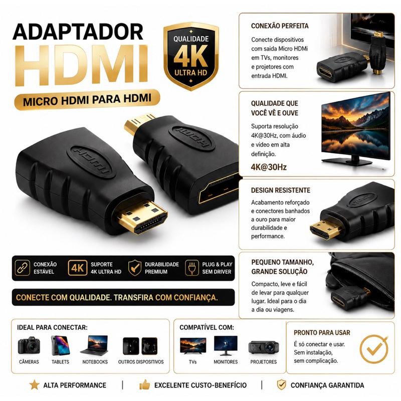 Adaptador Hdmi Fêmea X Mini Macho Full Hd 1080i Tablet Gold