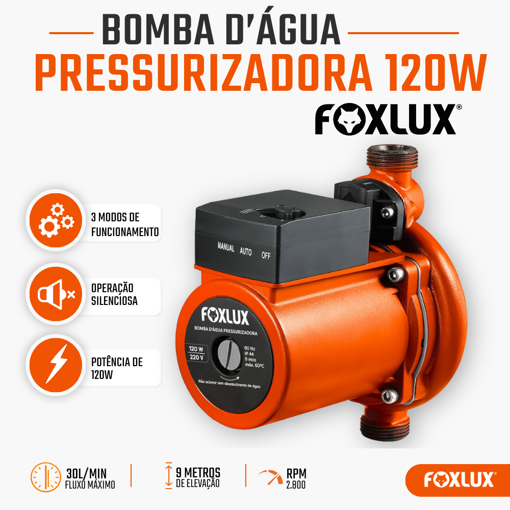 Bomba Pressurizadora Foxlux com Fluxostato Automático Silenciosa Chuveiro e Torneira