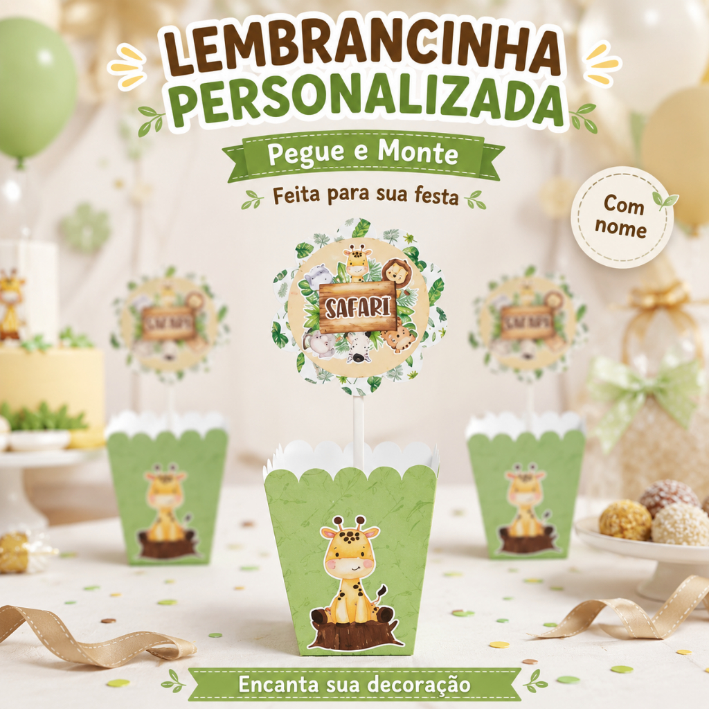 Centro de Mesa Cachepô Personalizado Safari Verde Festa Infantil, Lembrancinha Criativa, PEGUE E MONTE